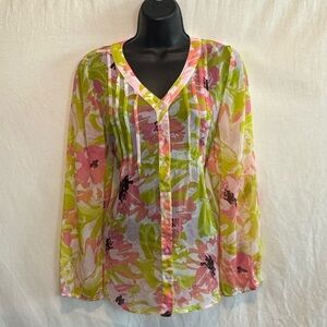 G-8 Kim Rogers‎ Pink & Green Floral Pleated Long Sleeve Blouse Size MP